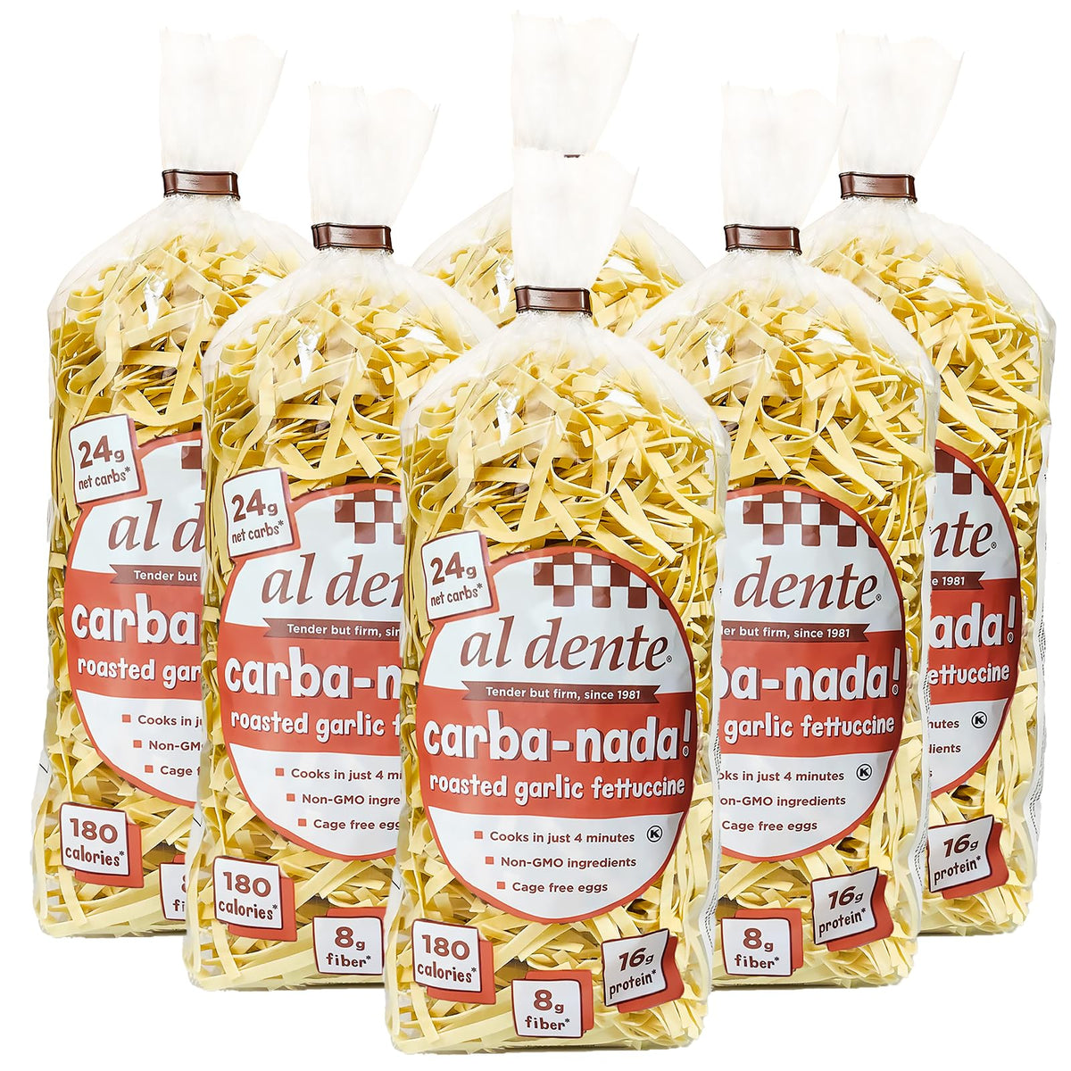 AL DENTE Carba-Nada Roasted Fettuccine Garlic packaging and noodles for low-carb meals