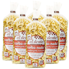 AL DENTE Carba-Nada Roasted Fettuccine Garlic packaging and noodles for low-carb meals