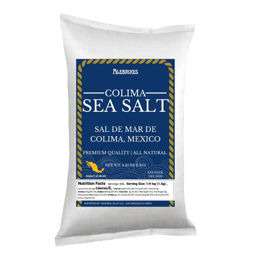 ALEBRIXES Colima Sea Salt bottle shows pure natural salt for gourmet seasoning.