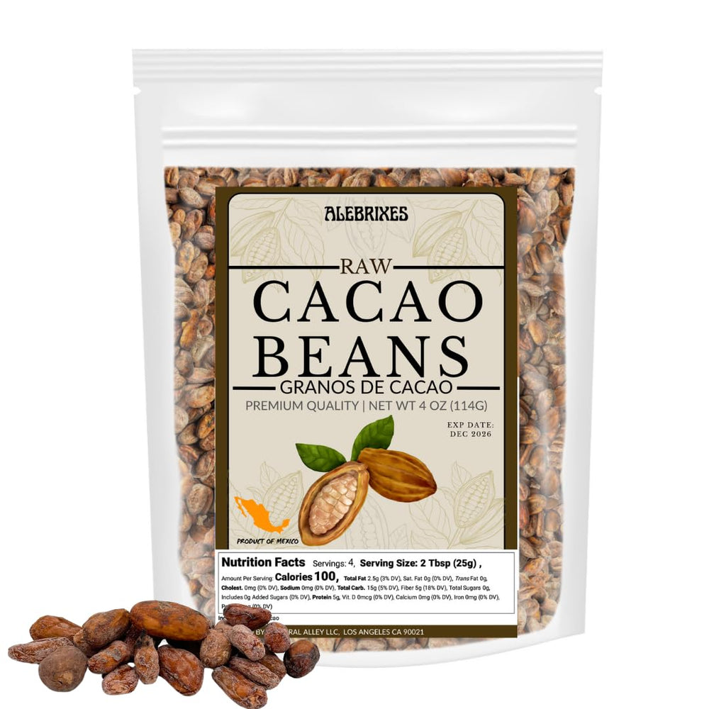 AleBrixes whole cacao beans in a 4 oz bag, ideal for baking and DIY chocolate
