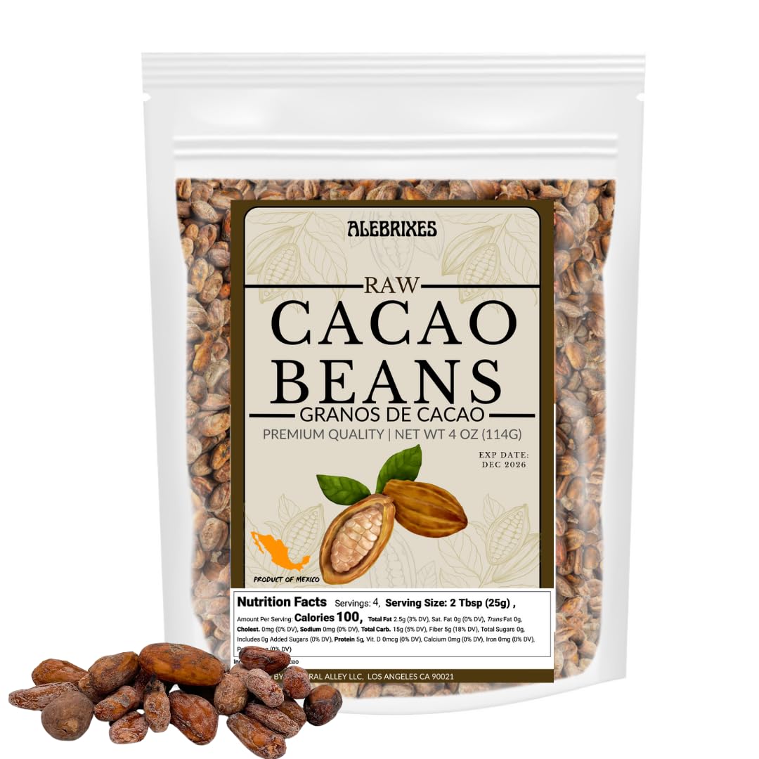 AleBrixes whole cacao beans in a 4 oz bag, ideal for baking and DIY chocolate