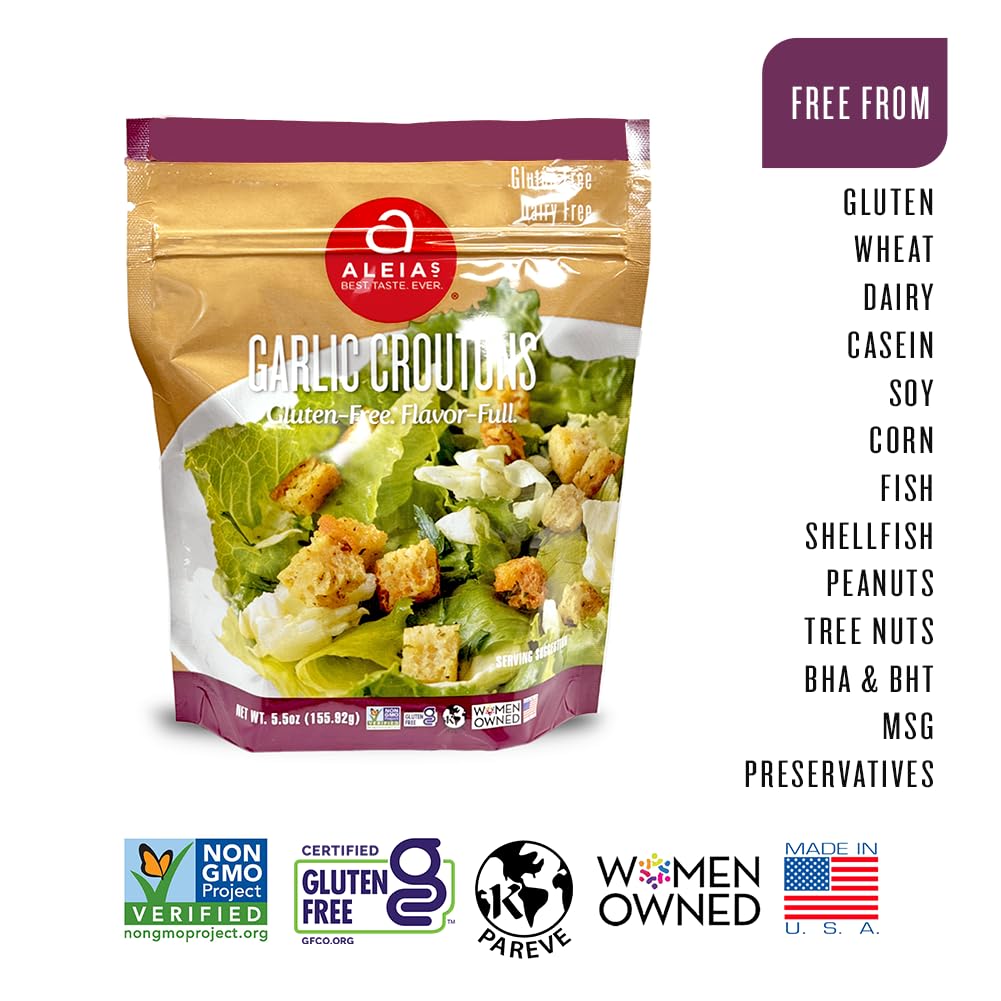 Three-pack packaging of Aleia's croutons as a convenient pantry staple