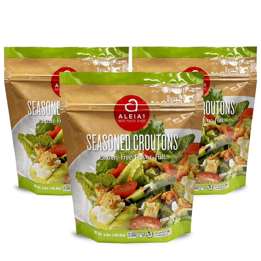 Aleia's Best gluten-free seasoned croutons in a 3-pack bag ready for crispy salad topping.