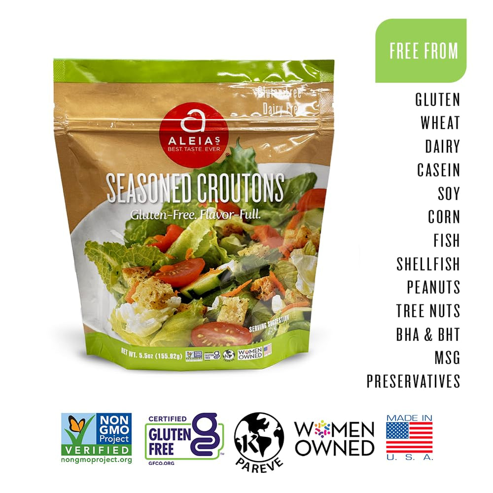 Label emphasizes gluten-free ingredients and clean profile for Aleia's croutons.