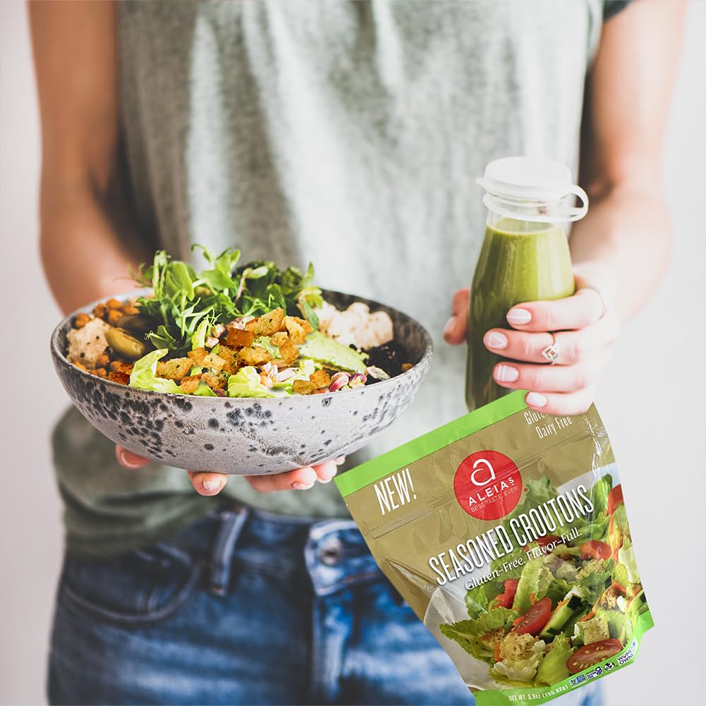 Ready-to-use Aleia's croutons in a kitchen setup with fresh greens.