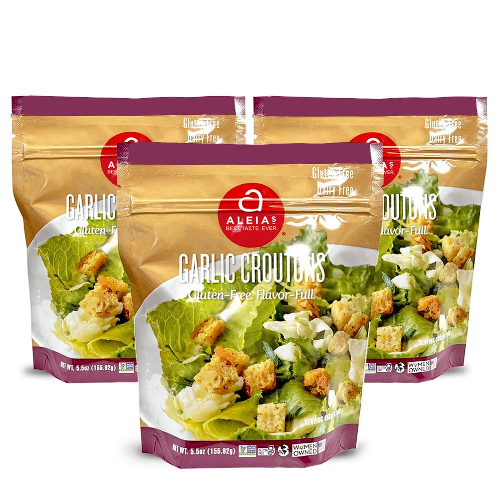 Aleia's Gluten Free Garlic Croutons 3-pack box ready to top salads and soups