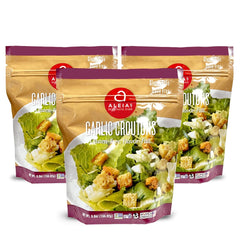 Aleia's Gluten Free Garlic Croutons 3-pack box ready to top salads and soups