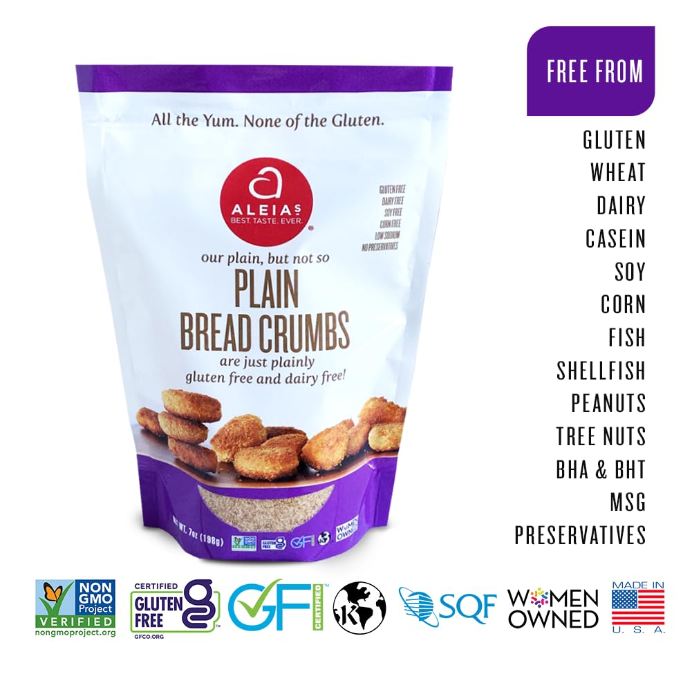 Aleia’s Best gluten-free plain crumbs packaging with kosher and non-GMO labels.