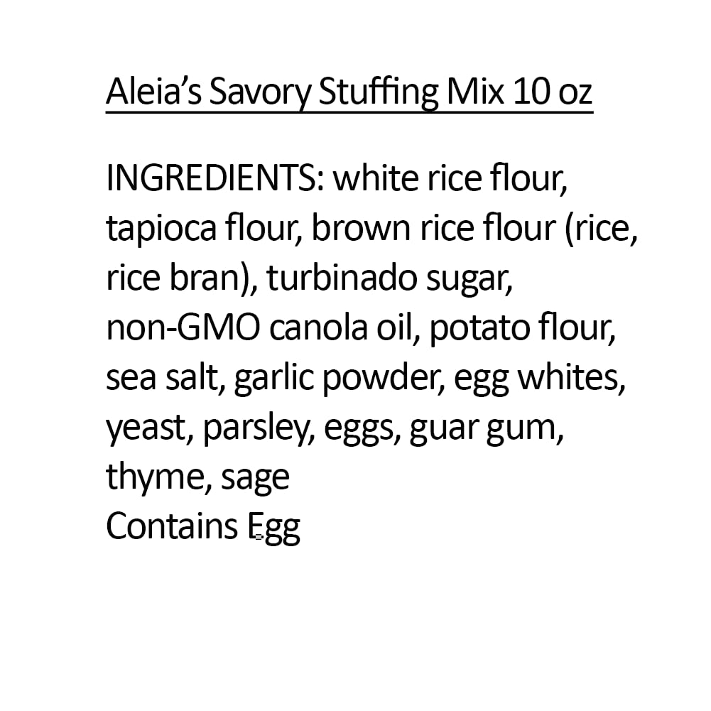 Close-up of gluten-free labeling on Aleia's Best Savory Stuffing box.