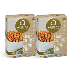Aleia's Best Savory Stuffing two-pack boxes on a pantry shelf for gluten-free meals.