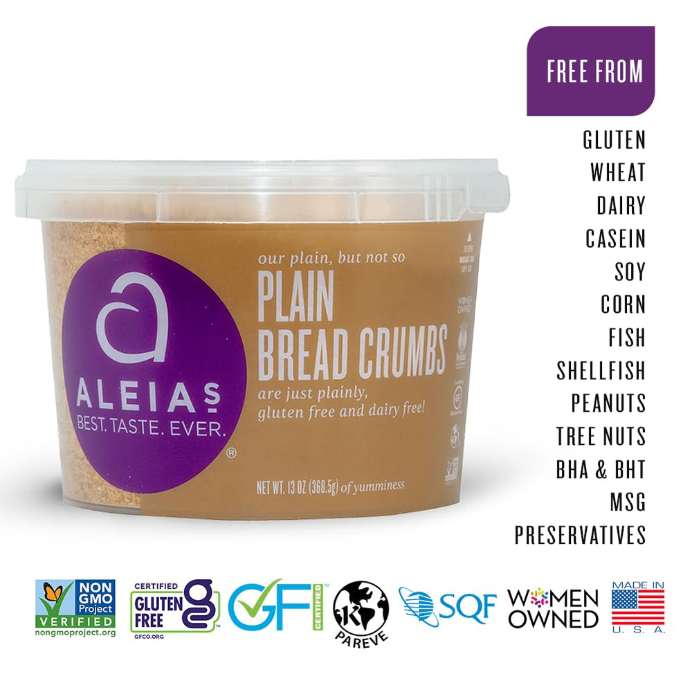 Aleia's Gluten-Free Plain Bread Crumbs in a bowl with ingredients nearby