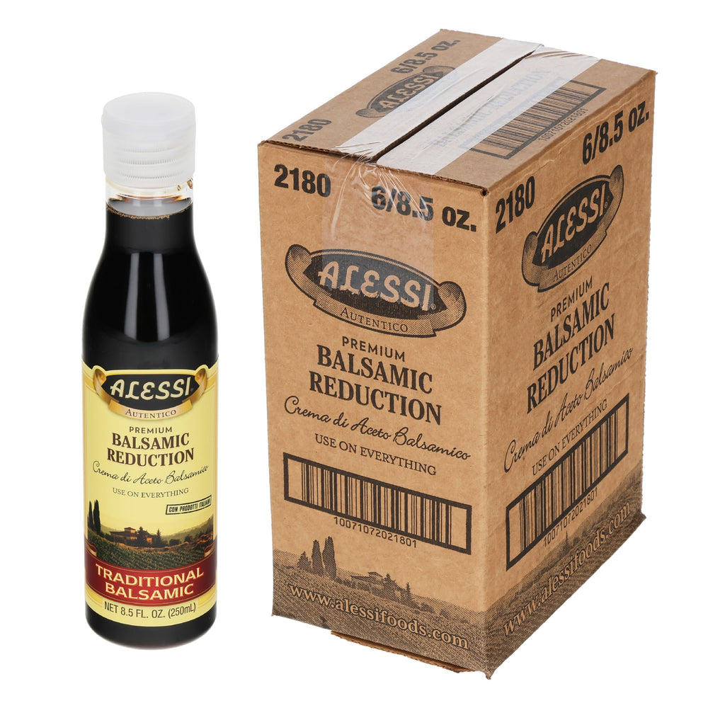 Alessi Autentico balsamic reduction over Caprese salad for vibrant flavor.