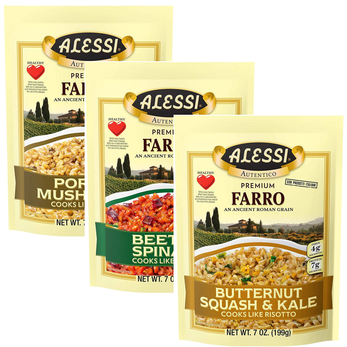 Alessi Autentico farro variety pack front shows three flavors for tasting