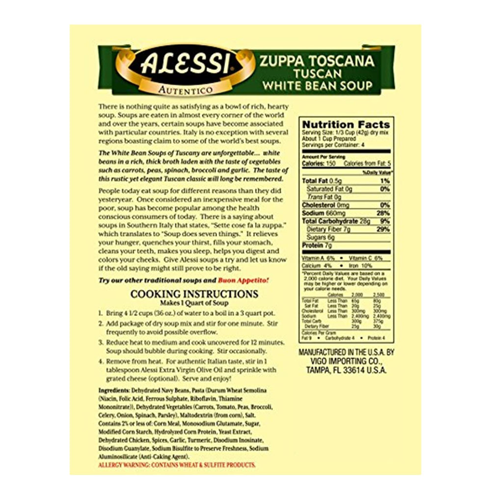 Closeup of beans, pasta, and vegetables in Alessi Autentico soup highlights quality ingredients.