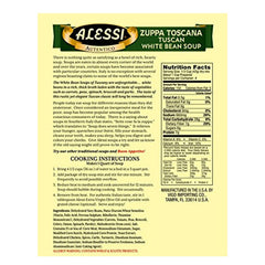 Closeup of beans, pasta, and vegetables in Alessi Autentico soup highlights quality ingredients.