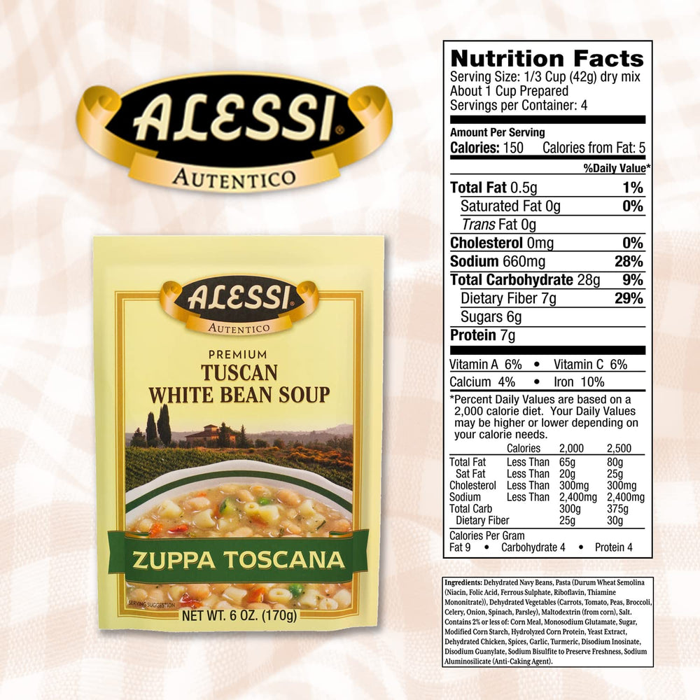 A ready-to-serve bowl of Alessi Autentico soup offers comforting, hearty texture.