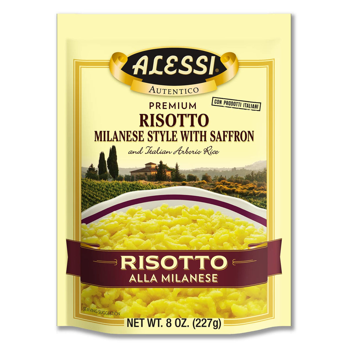 Alessi Autentico risotto Milanese pack-shot highlights premium saffron rice for authentic flavor.