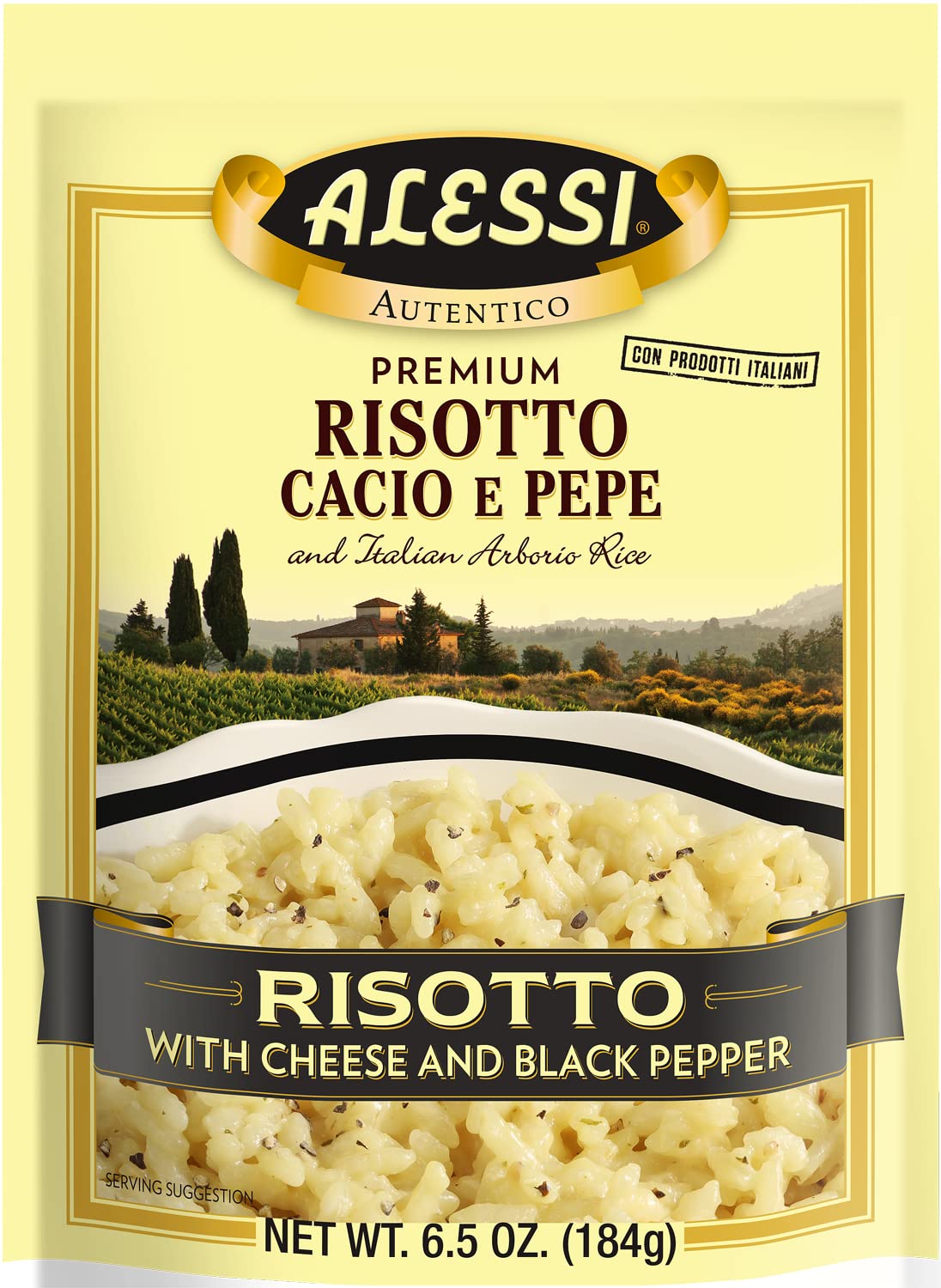 Alessi Autentico risotto pack front with Arborio rice for quick, flavorful meals.