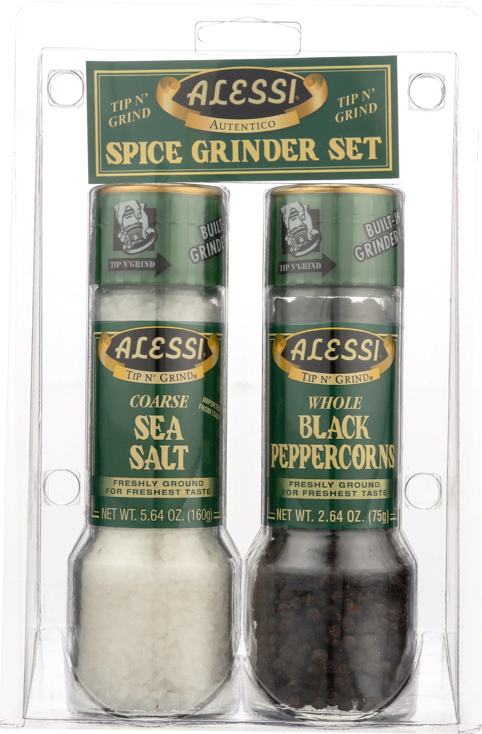 Alessi salt and pepper grinder set, front view for stylish table seasoning.