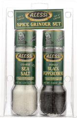 Alessi salt and pepper grinder set, front view for stylish table seasoning.