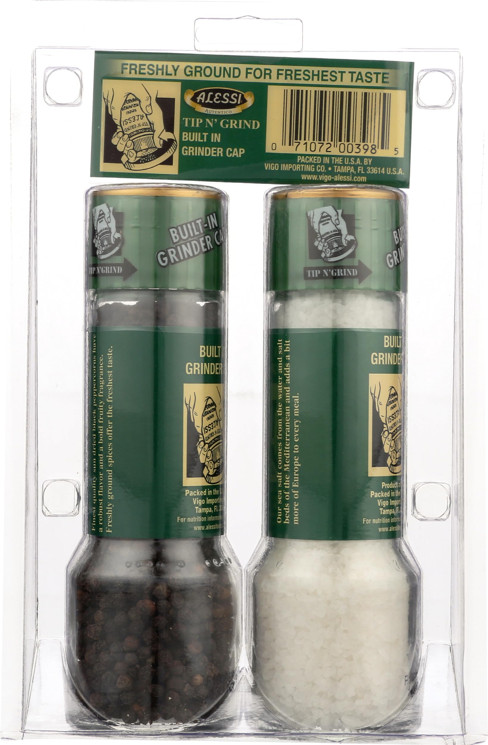 Alessi salt and pepper grinders, side view, compact and ergonomic for everyday use.