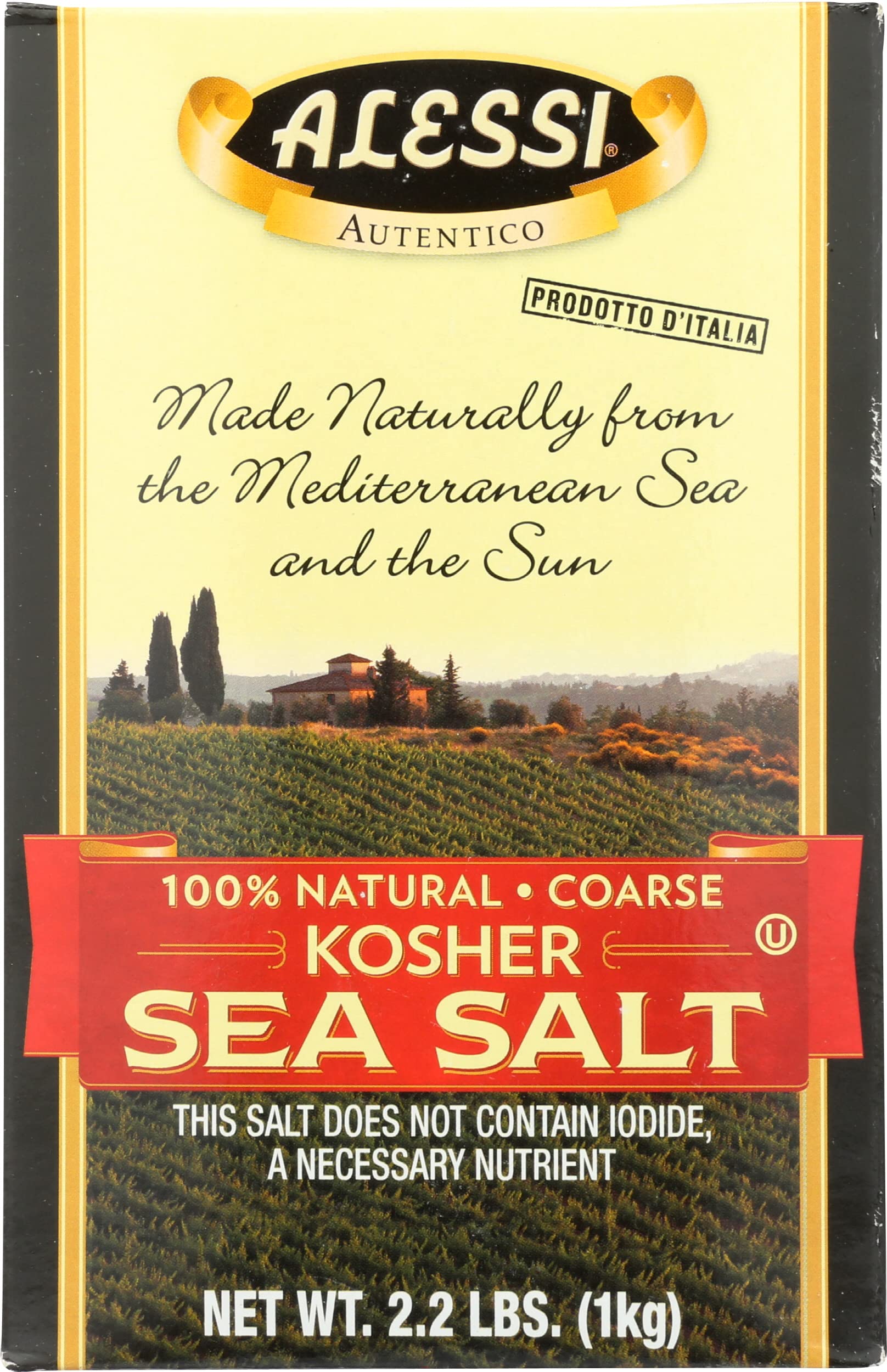 Alessi Sea Salt Kosher 36oz packaging shown for bulk pantry use.