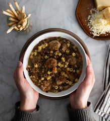 Alessi Sicilian lentil soup cooking on the stove for easy weeknight prep.