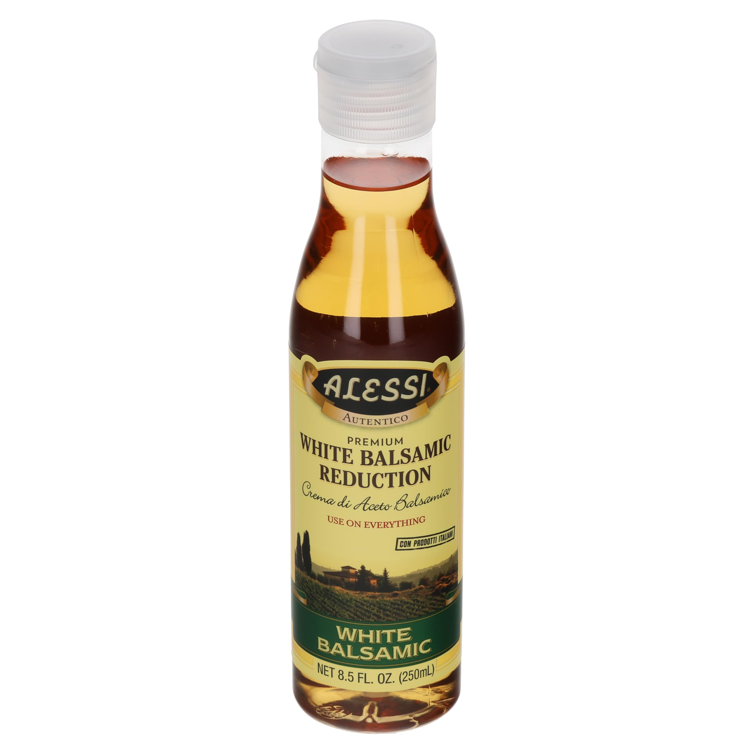 Alessi white balsamic reduction bottle pour enhances meals with a silky, tangy-sweet glaze.
