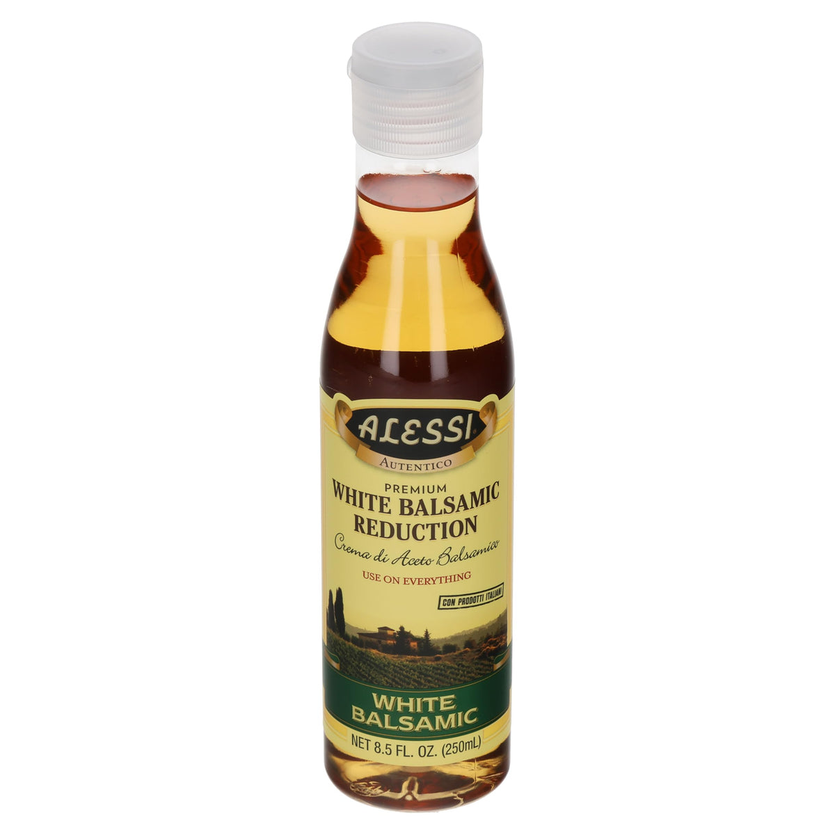 Alessi white balsamic reduction bottle pour enhances meals with a silky, tangy-sweet glaze.
