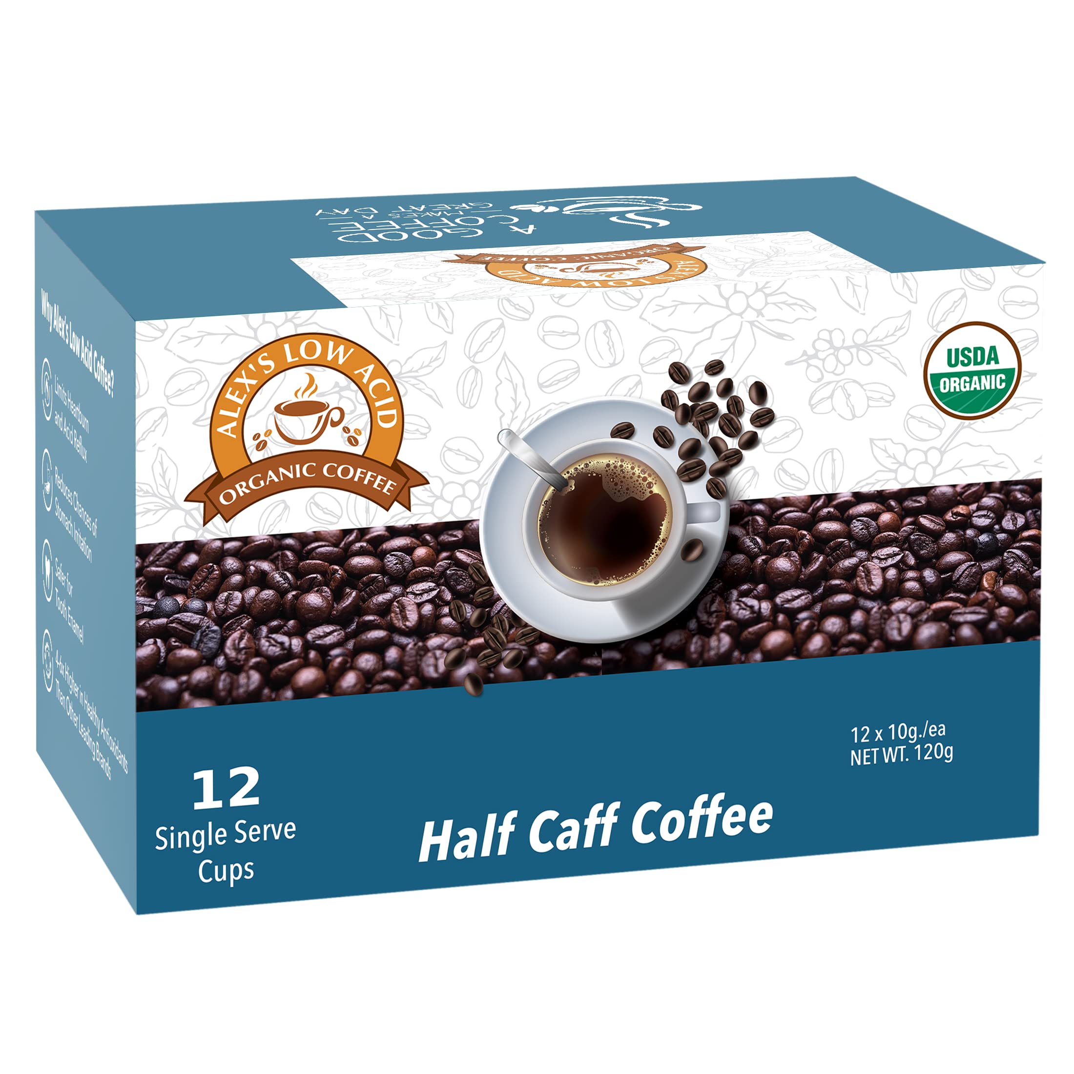 Steaming cup of Alex's Low Acid Half Calf coffee with inviting aroma.