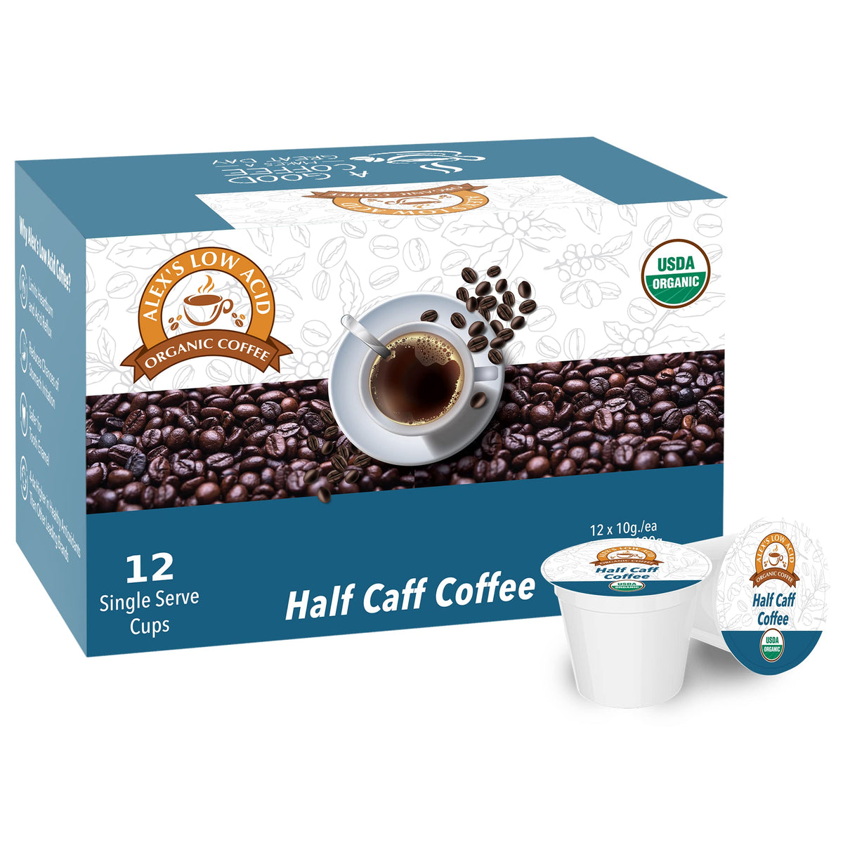 Alex's Low Acid Half Calf pods bundle on kitchen counter for easy daily brew.
