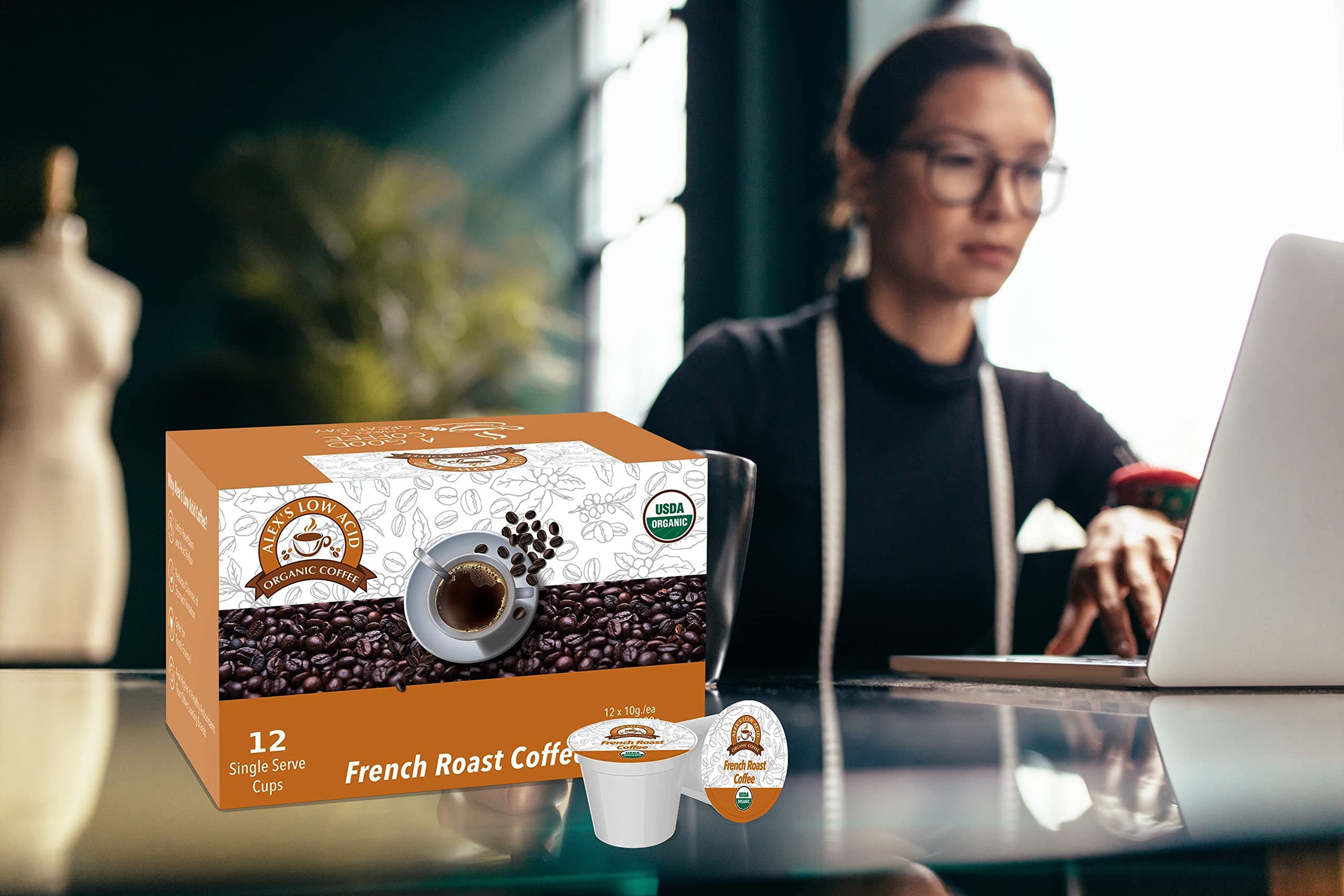 12-pack K-Cups of Alex's Low Acid Organic Coffee for quick, mess-free brewing.