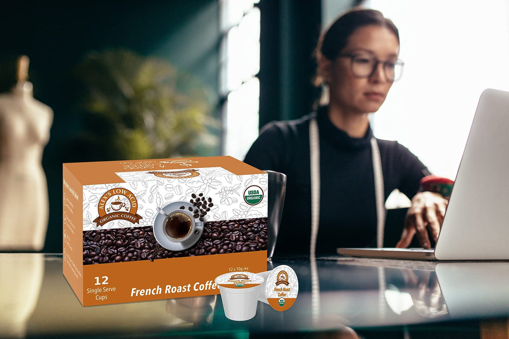 12-pack K-Cups of Alex's Low Acid Organic Coffee for quick, mess-free brewing.