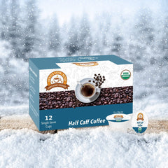 Bright packaging of Alex's Low Acid Organic Coffee pods on shelf.