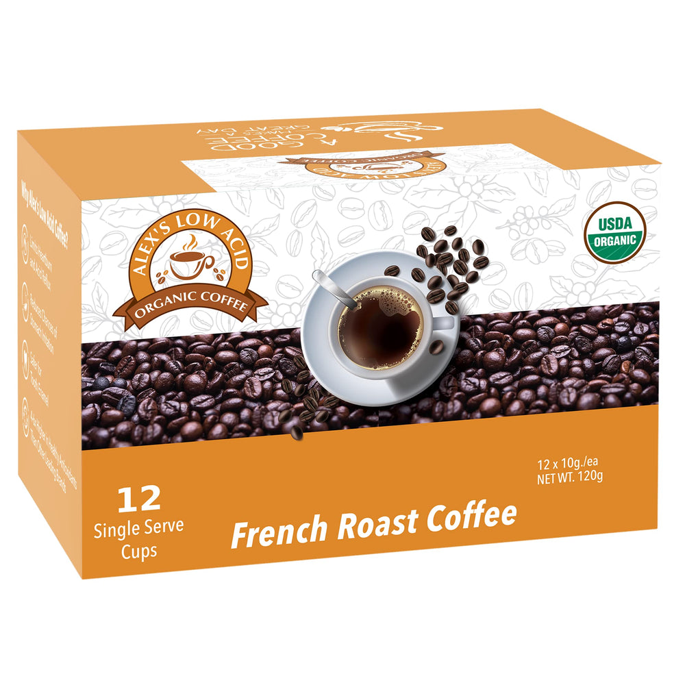 Pour reveals rich dark chocolate and molasses notes in Alex's Low Acid Organic Coffee.