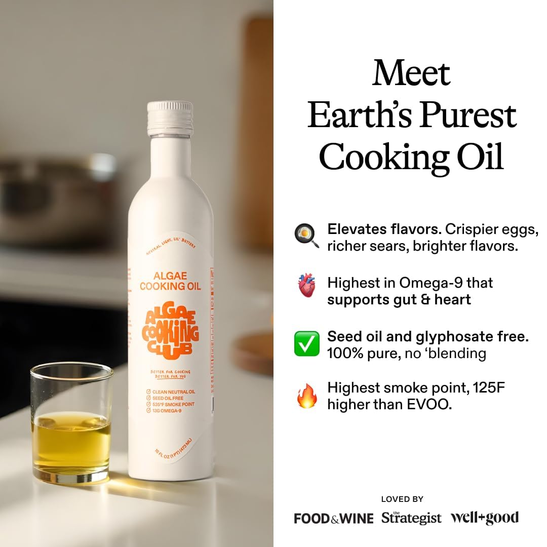 Algae Cooking Club oil in skillet demonstrates 535°F smoke point for roasting and searing.