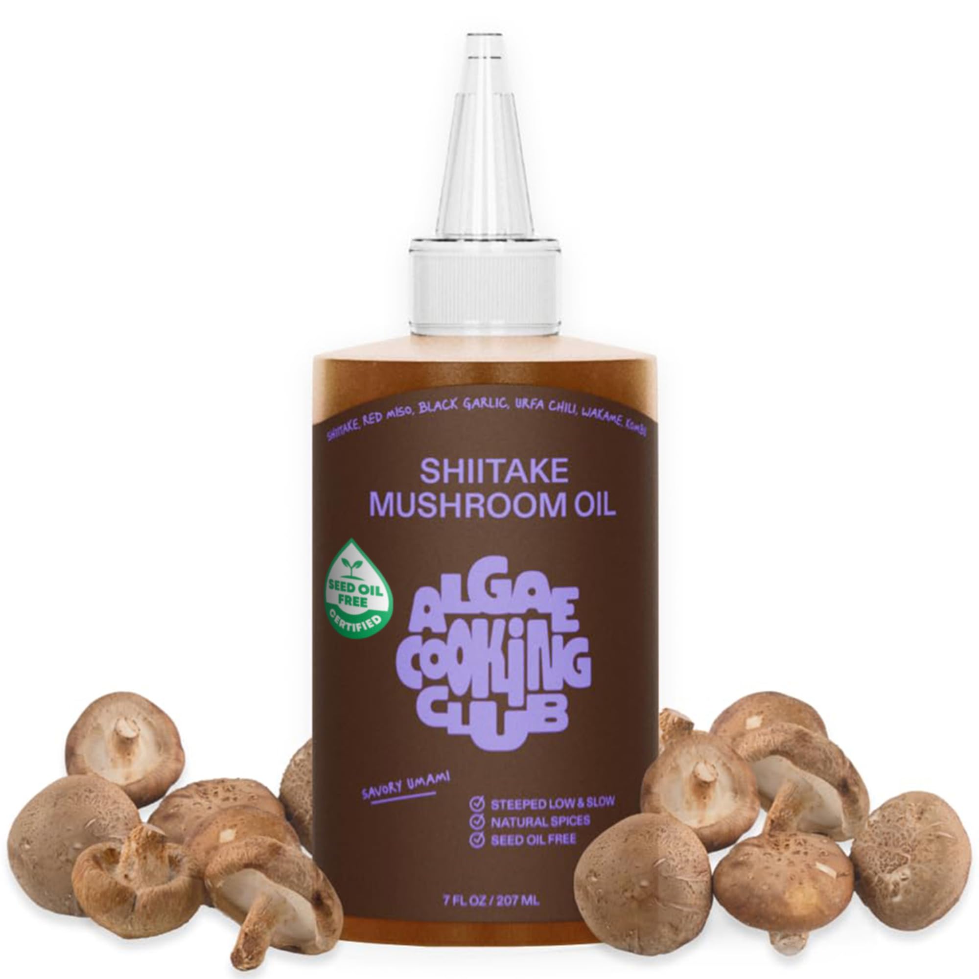 Algae Cooking Club Shiitake Oil bottle pour adds deep umami to vegetables.