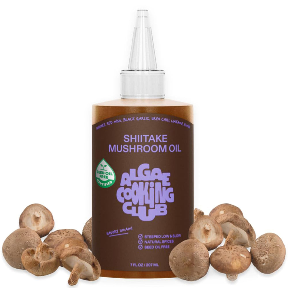 Algae Cooking Club Shiitake Oil bottle pour adds deep umami to vegetables.