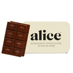 Alice Brainstorm package front showcases premium chocolate and mushrooms for focused energy