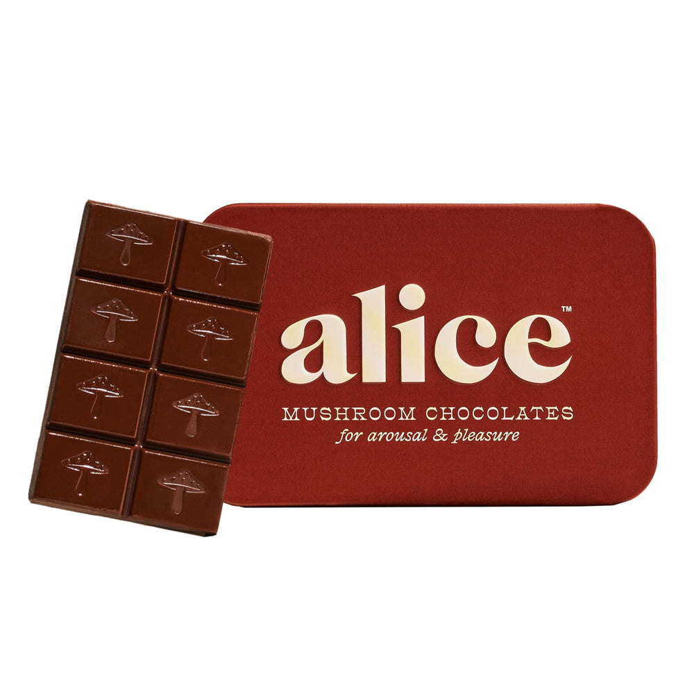 Alice Happy Ending chocolate bar, foil-wrapped, inviting a mood-boosting bite.