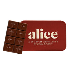 Alice Happy Ending chocolate bar, foil-wrapped, inviting a mood-boosting bite.