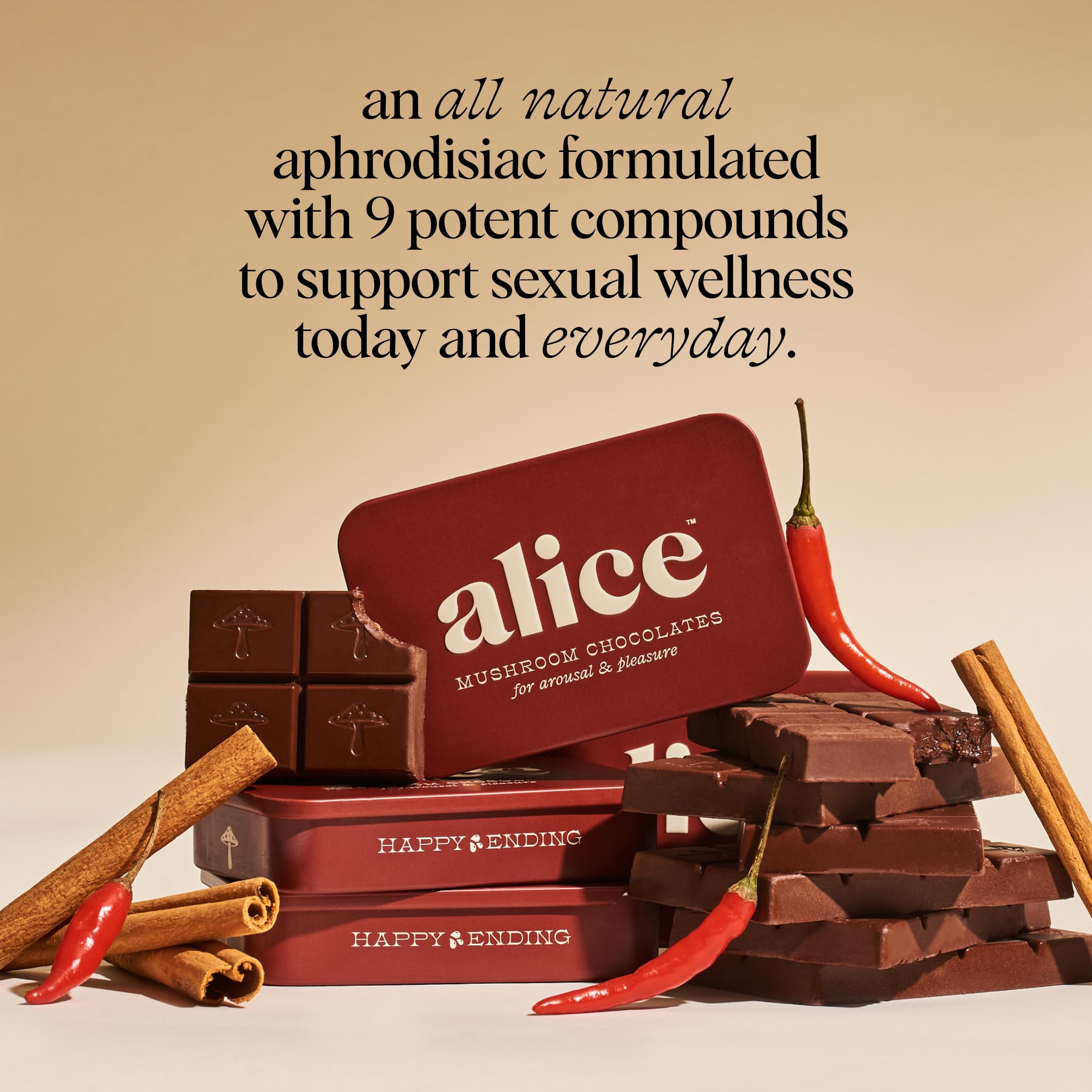Alice Happy Ending chocolate bar served on wood, ready for mindful tasting and energy boost.