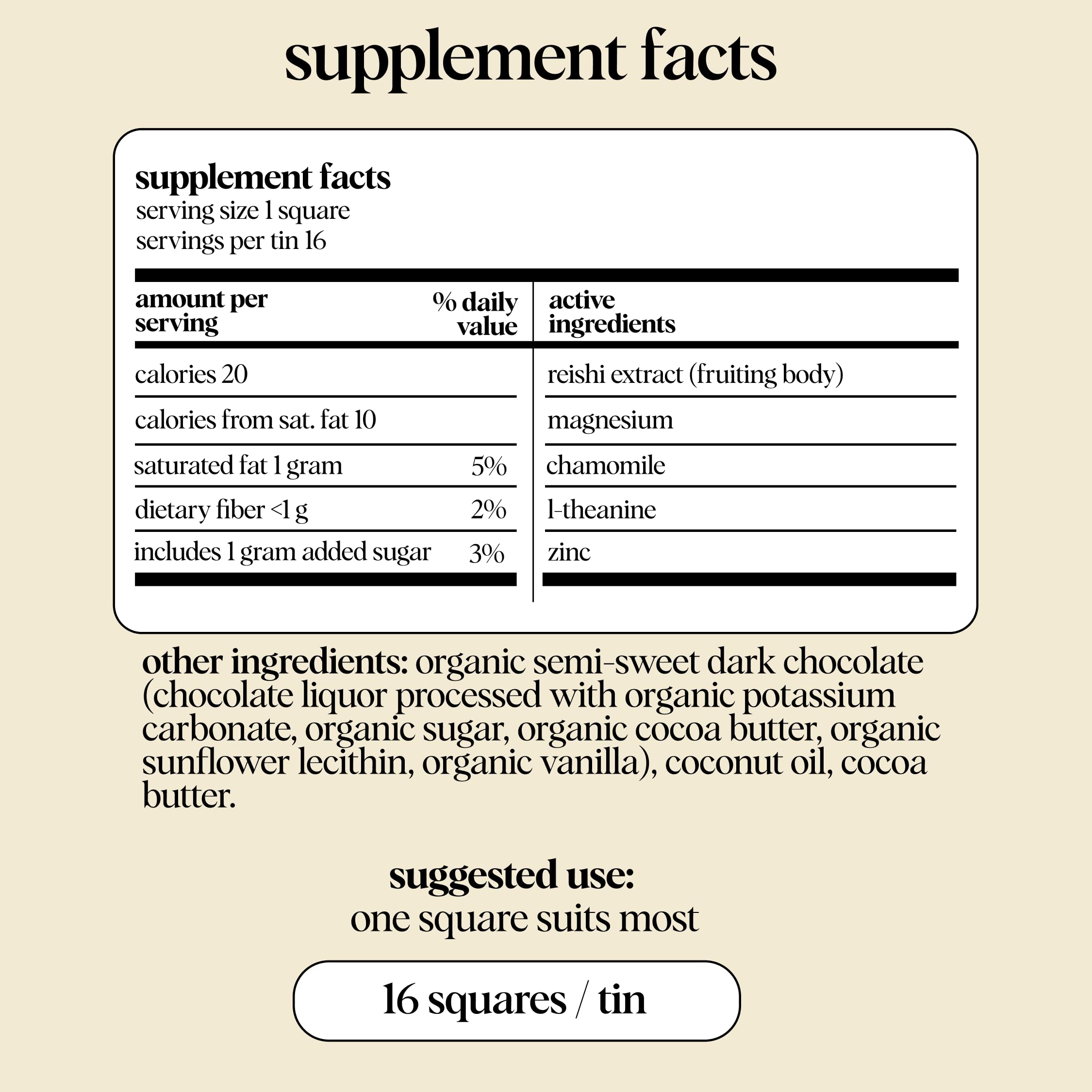 Alice Nightcap chocolate bar angled shot highlighting Reishi mushrooms and soothing ingredients.