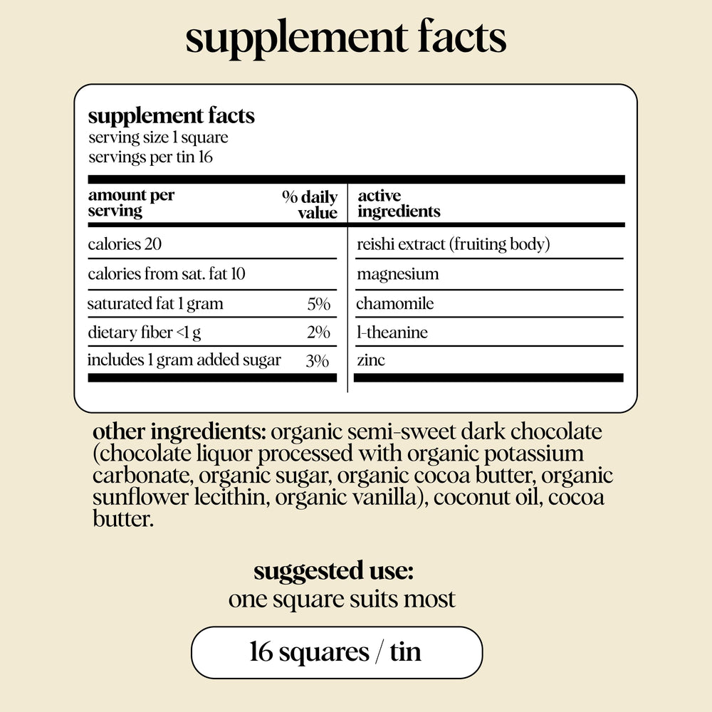 Alice Nightcap chocolate bar angled shot highlighting Reishi mushrooms and soothing ingredients.