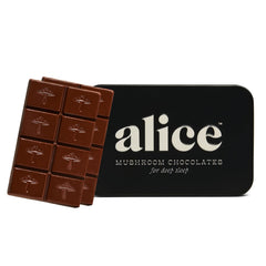 Alice Nightcap chocolate bar close-up showing rich dark chocolate for a calming evening ritual.
