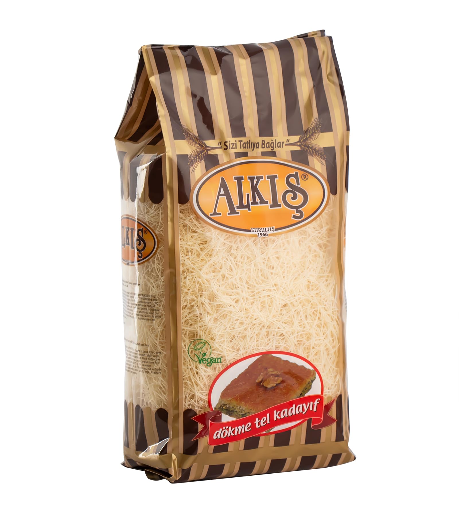 Closeup of Alkis Kataifi reveals delicate golden strands ideal for baklava.