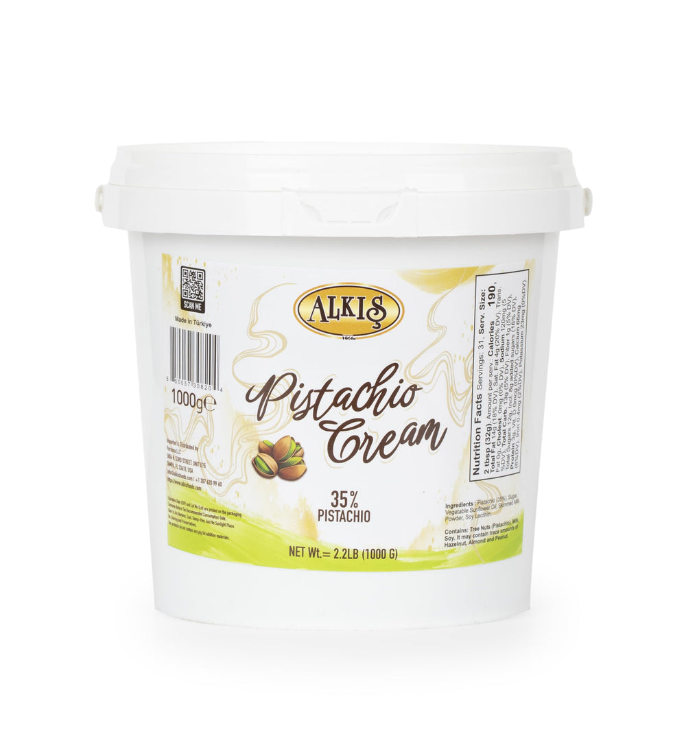 Alkis Pistachio Cream bulk bucket ready for dessert prep.
