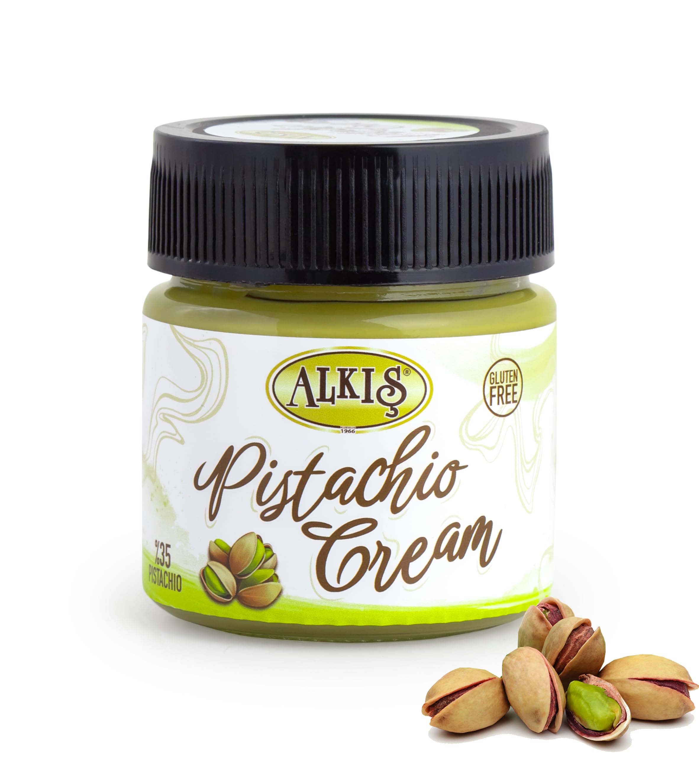 Alkis Pistachio Cream in glass jar highlighting premium Turkish pistachios and smooth texture.