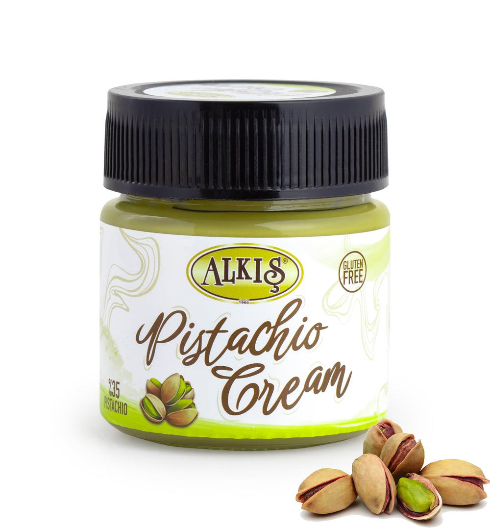 Alkis Pistachio Cream in glass jar highlighting premium Turkish pistachios and smooth texture.