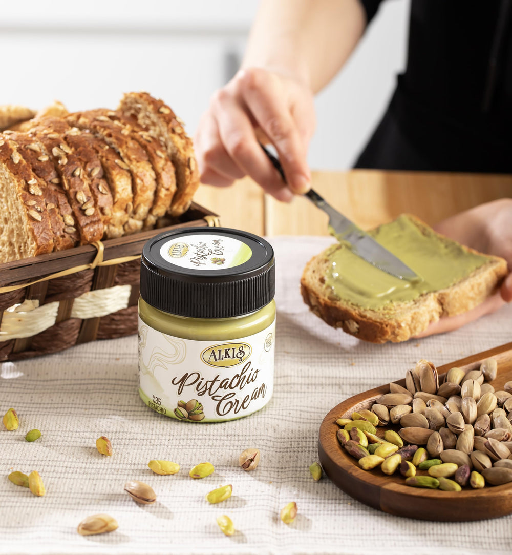 Alkis Pistachio Cream label shot showcasing glass jar packaging.